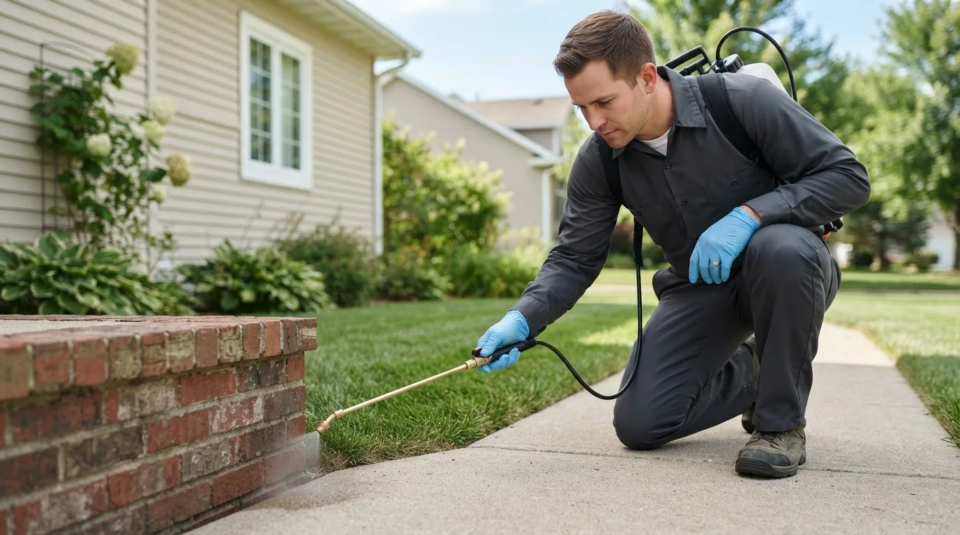 Pest control technician treating a home near San Ygnacio, TX